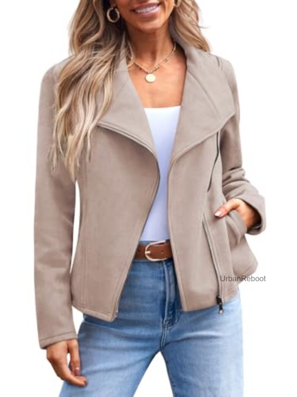 Faux Suede Lightweight Moto Moto-Inspired Fall Jacket Long Sleeve Zipper